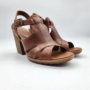 Timberland EK Stafford Leather Gladiator Heels Back Strap Brown Womens Size 8